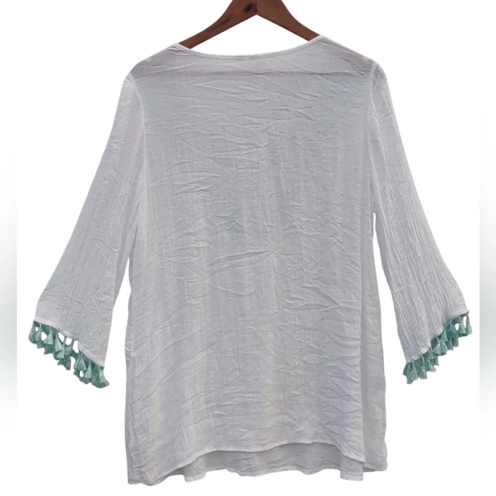 Krazy Kat White Top with Blue Accents Sheer Tassels Beach Top Large